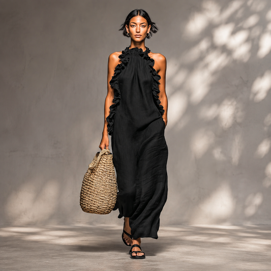 Lua | Robe maxi noire vue de face sur fond gris clair