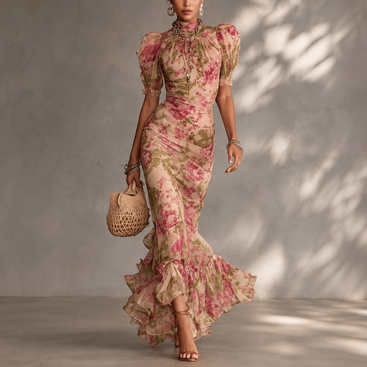Rosalie | Robe maxi à imprimé roses sur fond gris clair